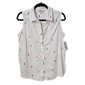 Croft & Barrow Linen Blend Pineapple Sleeveless Button Down Top Womens M NEW